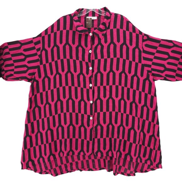 NEW BRYN WALKER Linen Shirt Fuchsia Pink Black Geometric OVERSIZED Size 1X - Picture 2 of 9